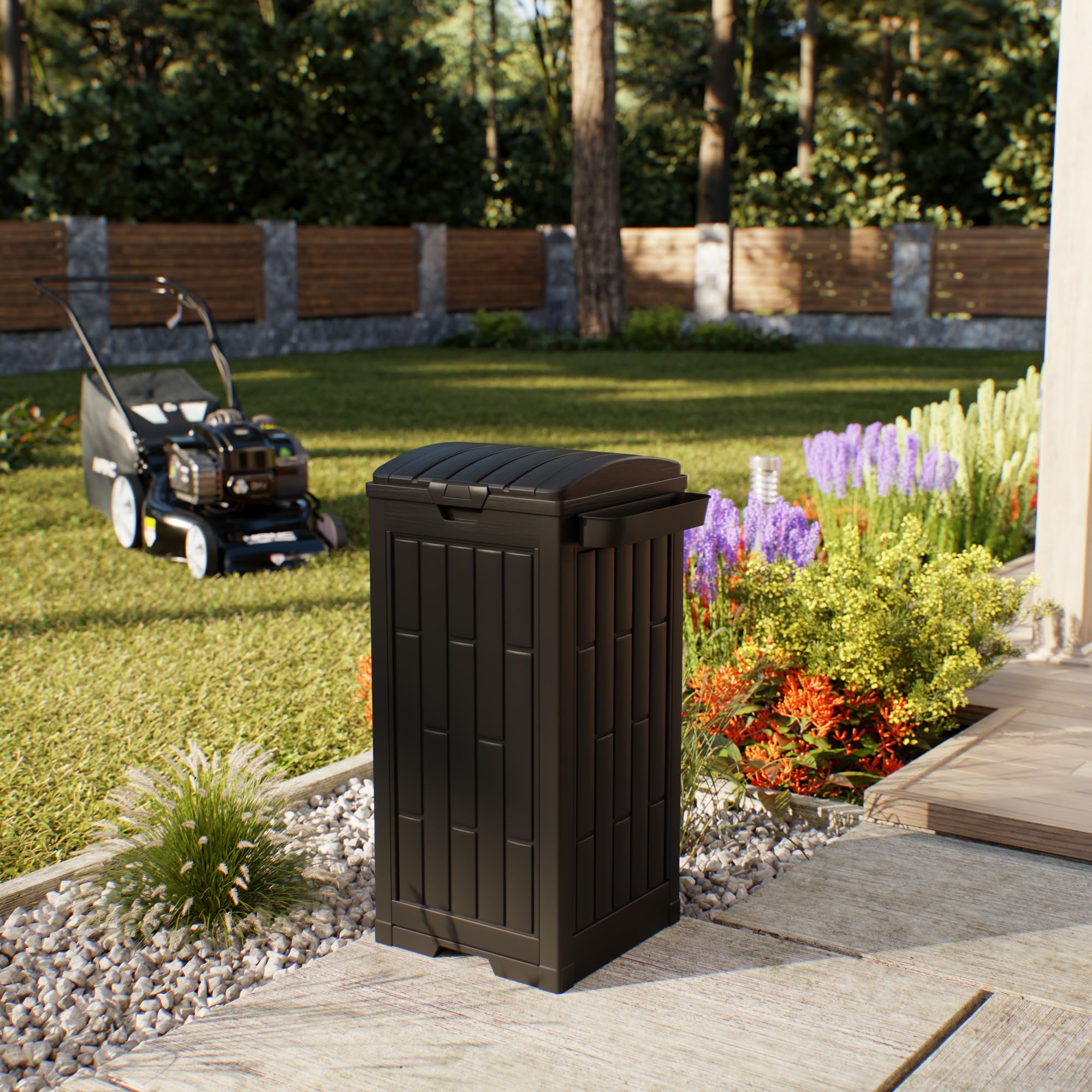 30 Gallon Black Outdoor Trash Can with Hinged Lid