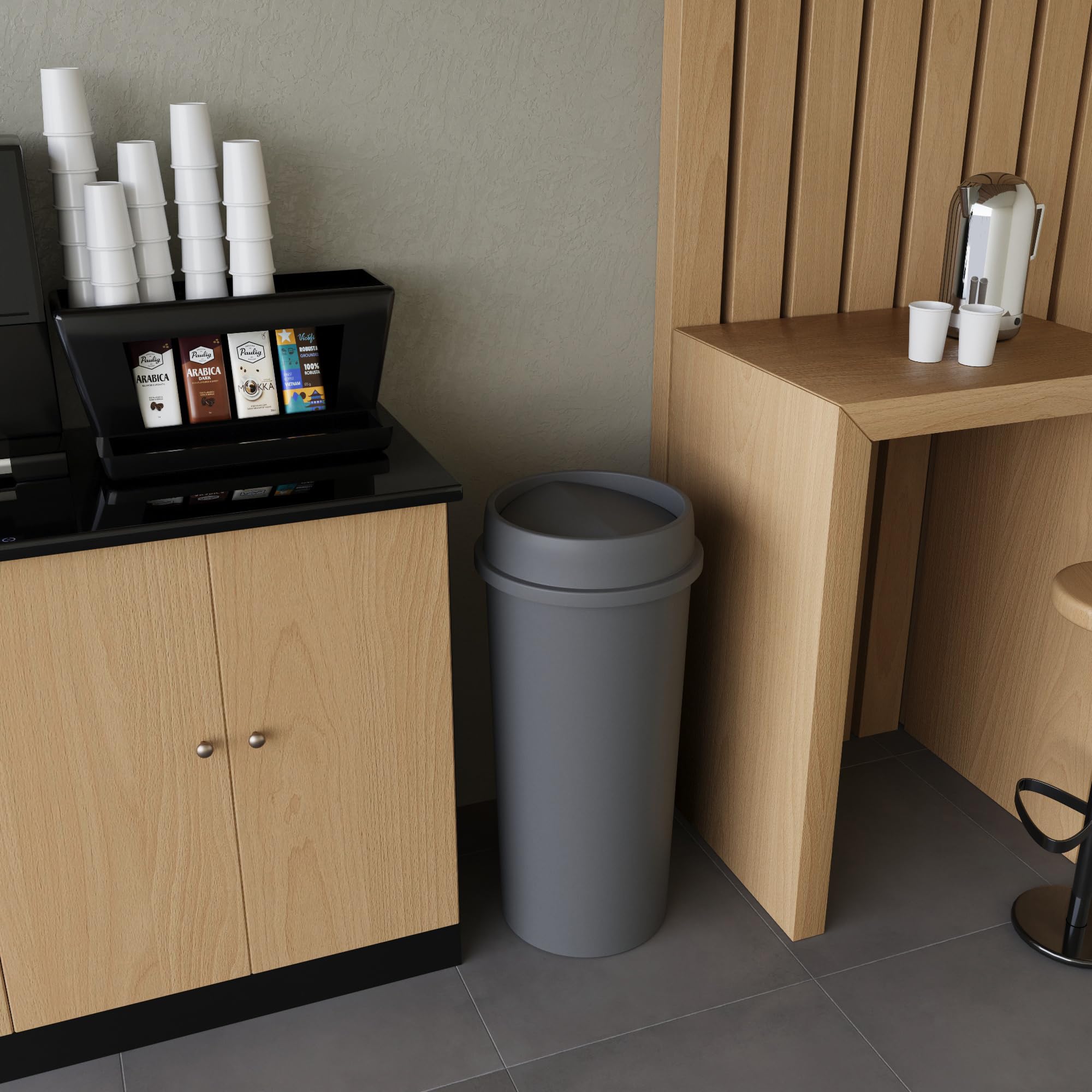 22 Gallon Gray Round Waste Basket with Swing-Top Lid