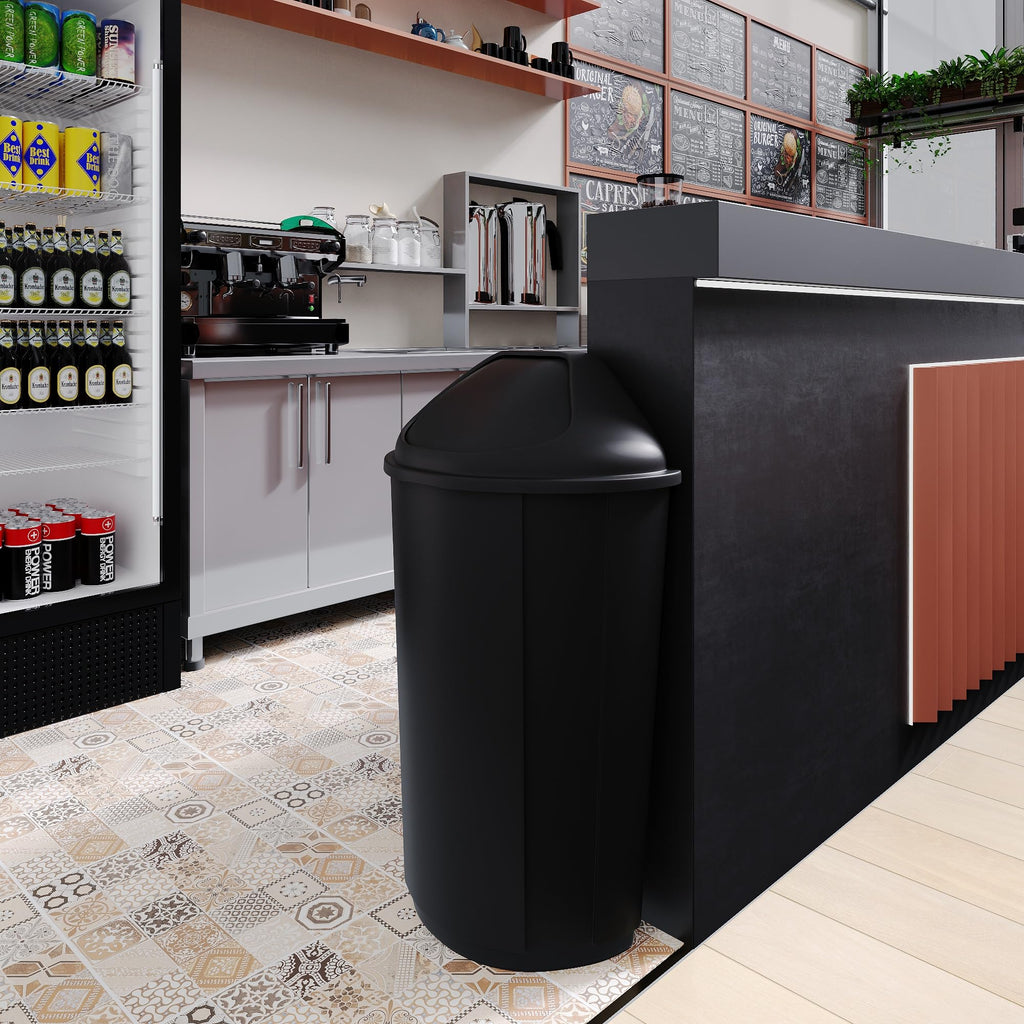 21-Gallon Black Half-Round Commercial Trash Can with Dome Swing-Door Lid