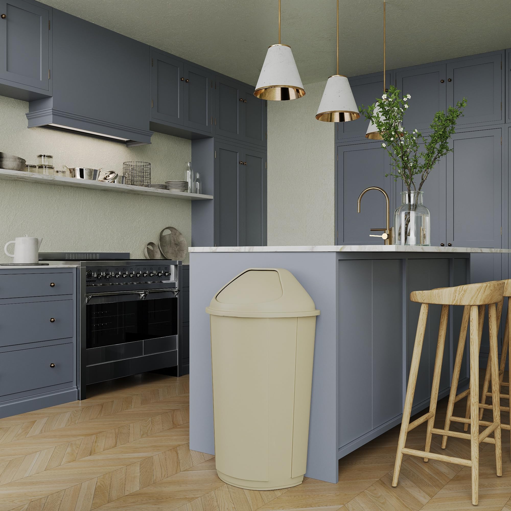 21-Gallon Beige Half-Round Commercial Trash Can with Dome Swing-Door Lid