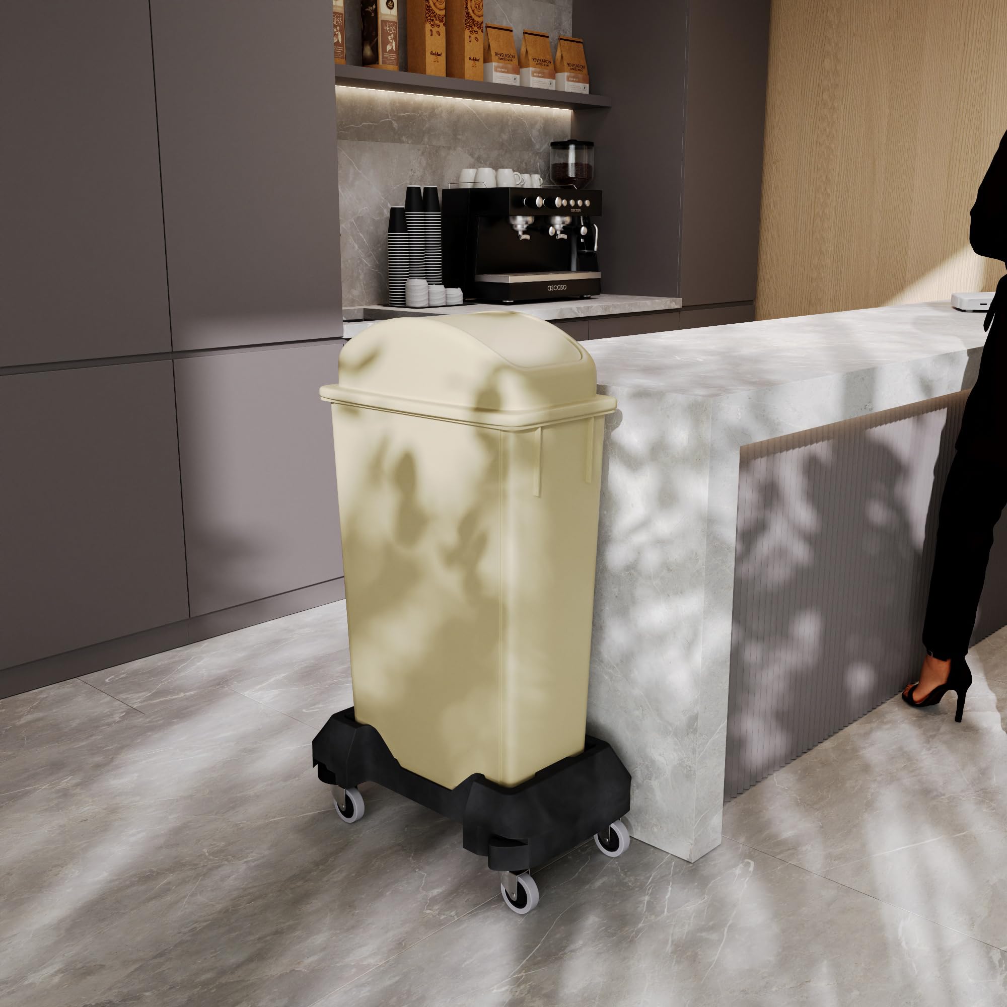 23-Gallon Beige Slim Trash Can with Swing Dome Lid and Dolly