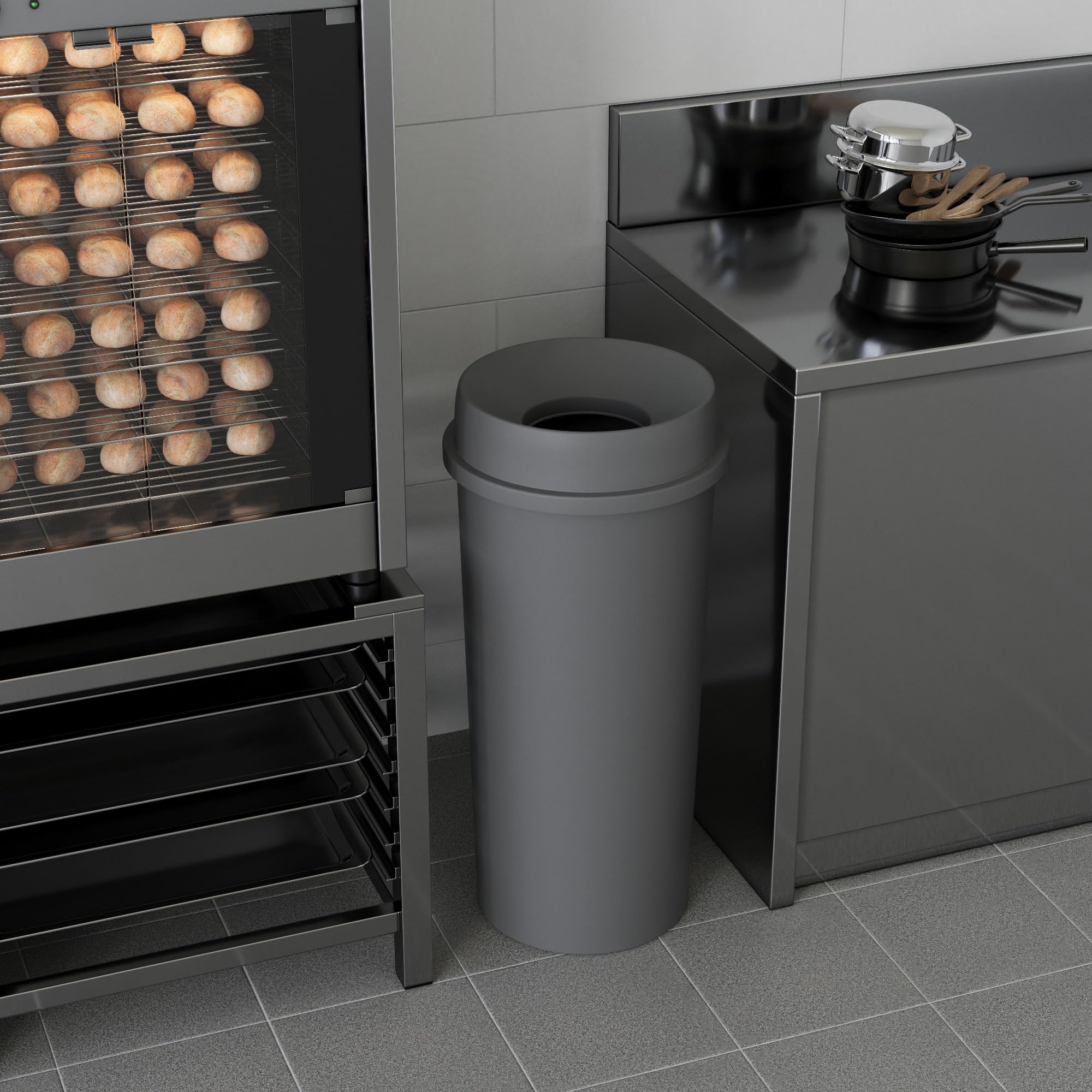 22 Gallon Gray Round Waste Basket with Funnel Lid