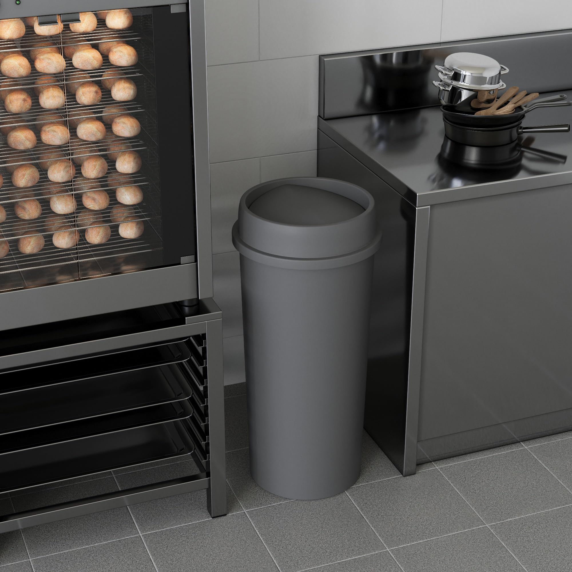 22 Gallon Gray Round Waste Basket with Swing-Top Lid