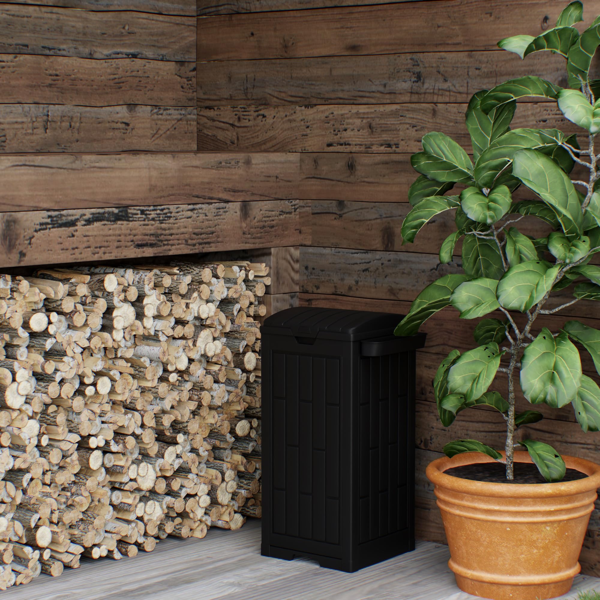 30 Gallon Black Outdoor Trash Can with Hinged Lid