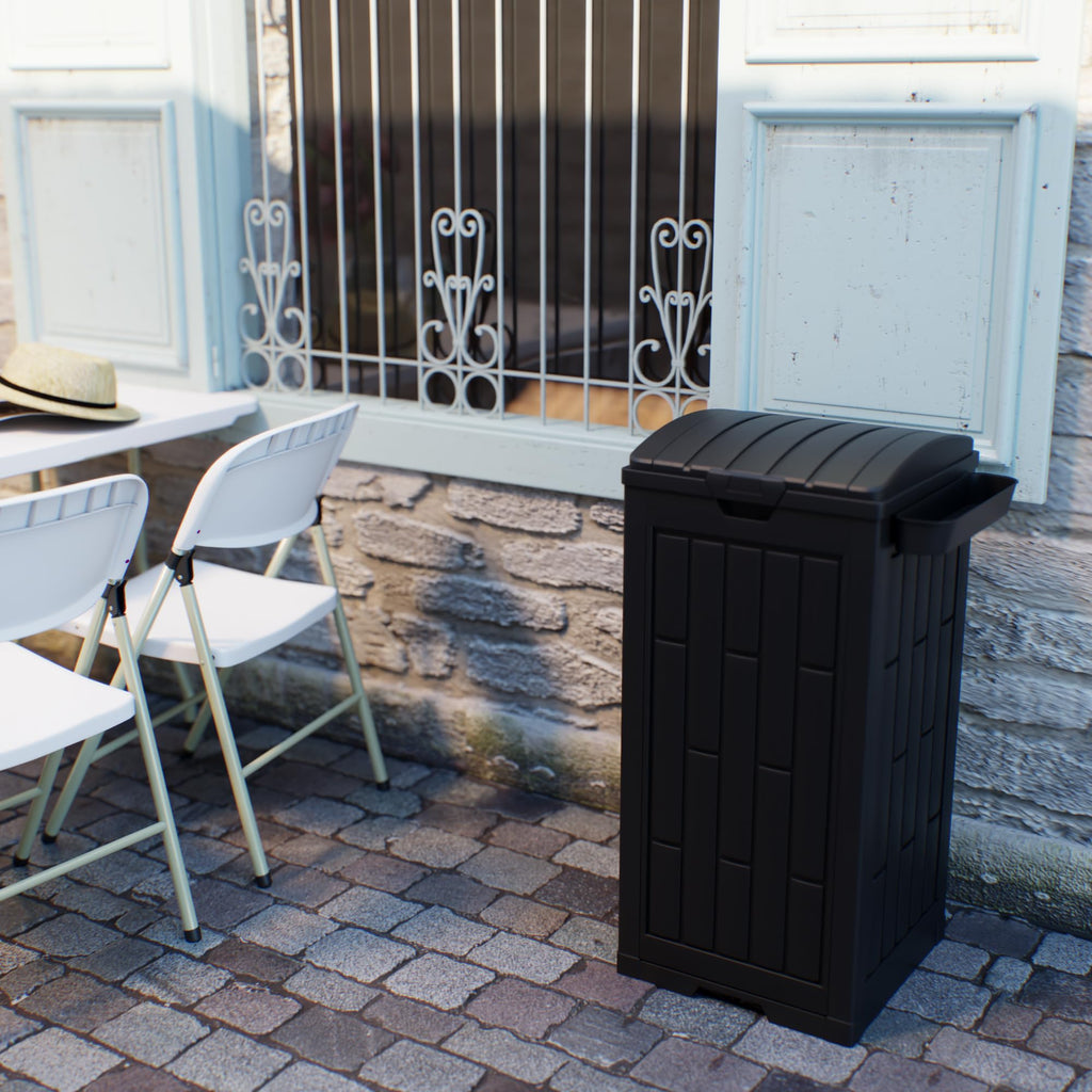 30 Gallon Black Outdoor Trash Can with Hinged Lid