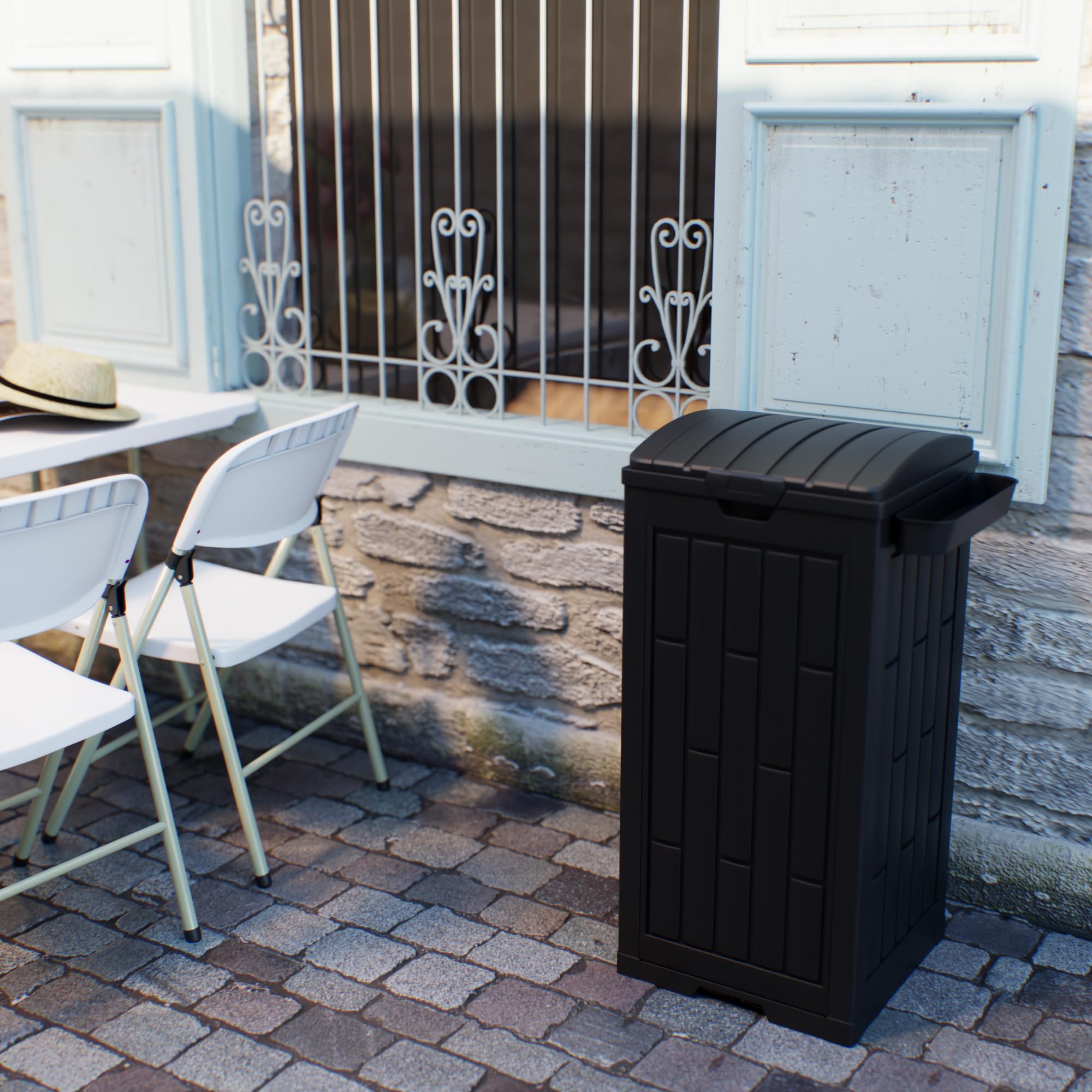 30 Gallon Black Outdoor Trash Can with Hinged Lid