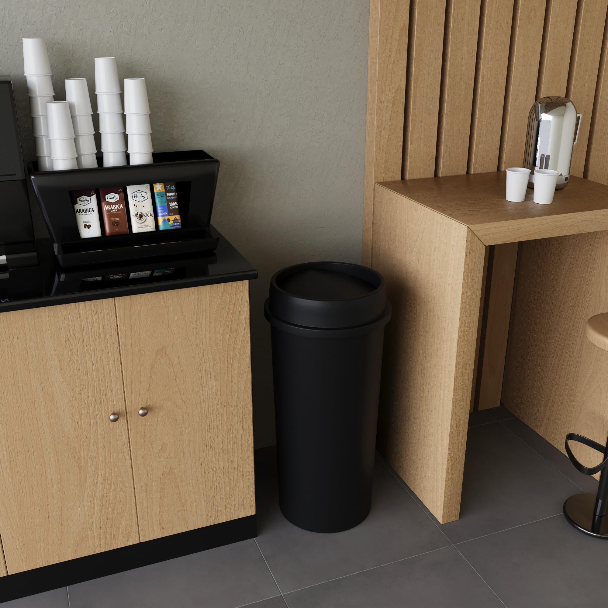 22 Gallon Black Round Waste Basket with Swing-Top Lid