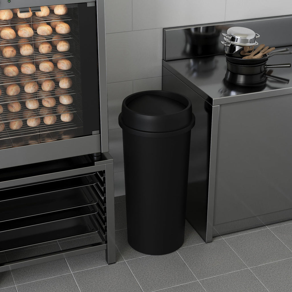 22 Gallon Black Round Waste Basket with Swing-Top Lid