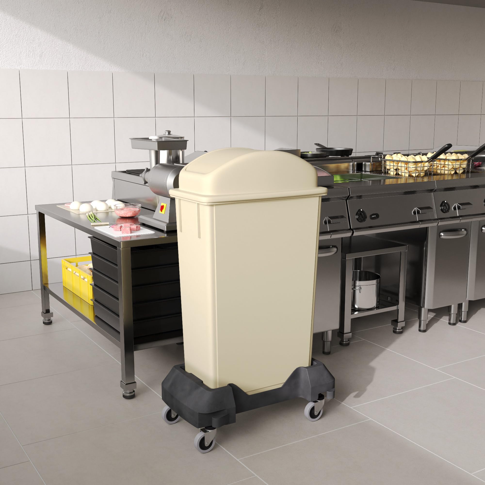 23-Gallon Beige Slim Trash Can with Swing Dome Lid and Dolly